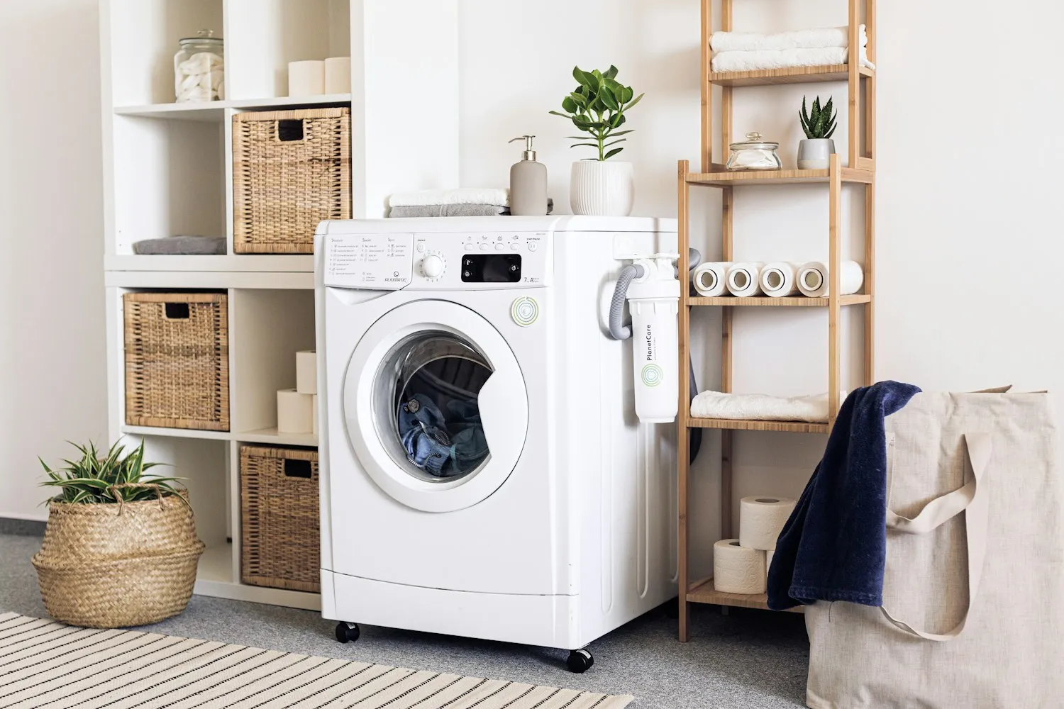 A bright, tidy laundry room with a front-load washing machine in a Warsaw home